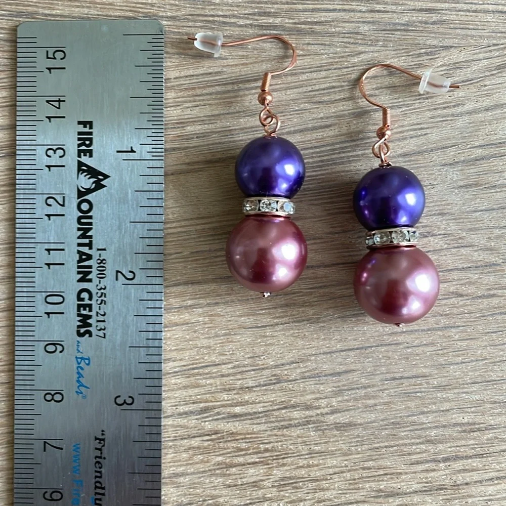 HAND CRAFTED OVERSIZED PIERCED BALL DROP PEARL EARRINGS Rose Gold Purple  Pearls